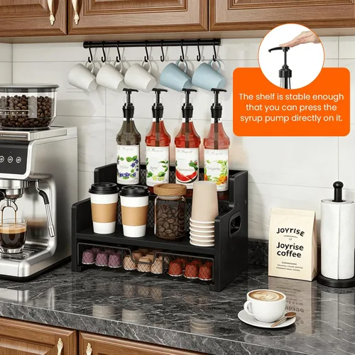 Miniatura 7 de Homode Estante organizador de jarabe de café, soporte para jarabe de 3 niveles con cajón de almacenamiento de tazas de 35 K, capacidad de 8
