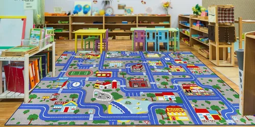 Miniatura 18 de Capslpad Alfombra Azul de Coche y Carretera para Niños, Alfombra de Juego para Sala de Juegos, Alfombra Antideslizante Lavable con Mapa de la Ciudad