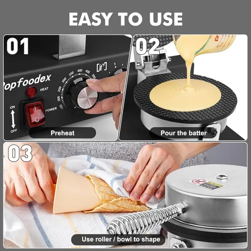 Miniatura 5 de Máquina comercial para hacer conos de gofres – Máquina comercial de cono de helado de 1200 W con sartén antiadherente de 8 pulgadas y temperatura