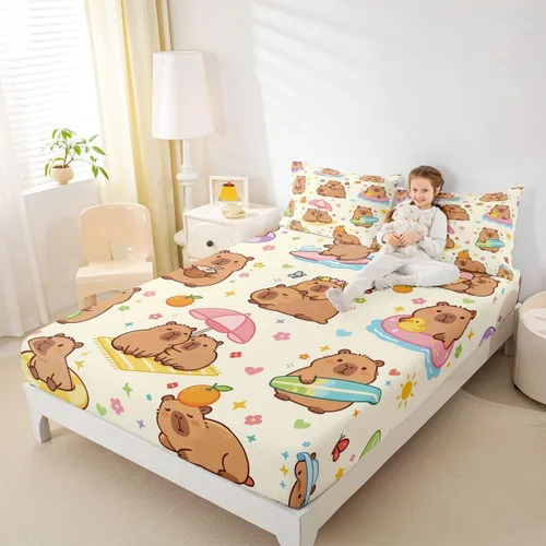 Miniatura 18 de Sábana bajera ajustable de Capybara de dibujos animados tamaño individual para niños, bonito juego de cama de Capybaras marrón para niños y niñas
