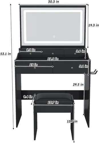 Miniatura 8 de Escritorio de tocador con espejo de luz LED, mesa de tocador de maquillaje con taburete, 5 cajones, soporte para secador de pelo, toma de corriente