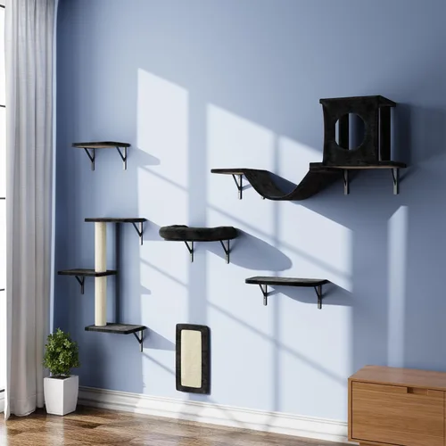Miniatura 12 de NUNU LAB Juego de muebles para gatos montados en la pared, juego de 6 piezas para escalar con casa, puente, escalones, tabla rascadora - Paredes