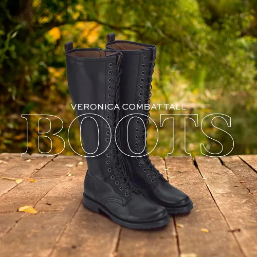 Miniatura 3 de Frye Veronica Botas de combate altas de 15 pulgadas para mujer, hechas de cuero de grano completo con construcción Goodyear Welt, cordones de tela