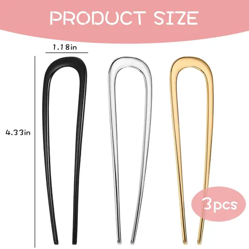 Miniatura 6 de YONOY 3 pinzas de metal para el cabello francés, en forma de U, 2 puntas para moños, horquilla de cabello con torsión francesa, palos