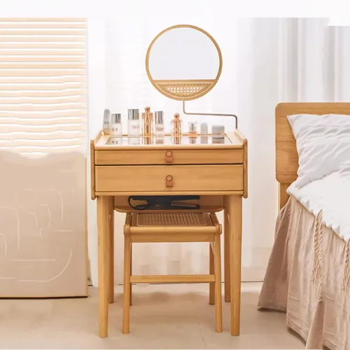 Miniatura 5 de Escritorio de maquillaje para dormitorio con espejo, tocador con 2 cajones, escritorio de tocador con silla de tocador, juego de tocador de Taburete