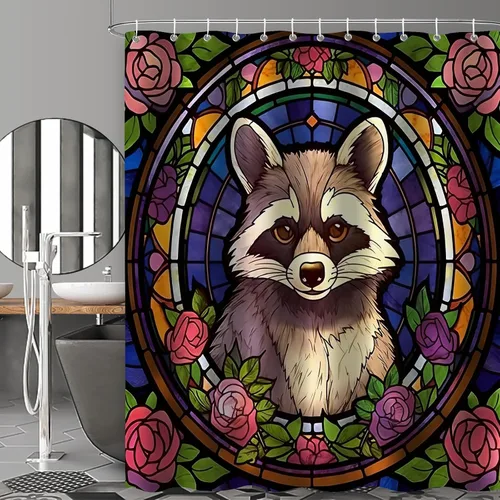 Miniatura 2 de YLATY4413 - Cortina de ducha de mapache para baño, diseño de hojas de flores, arte de cristal, bohemio, tela abstracta, moderna, impermeable