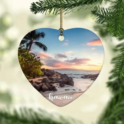 Decorative Christmas Ornament for Xmas Tree Hanging Hawaii City Scene Building Cityscape Natural Landscape Flat Ceramic Ornament Xmas Keepsake