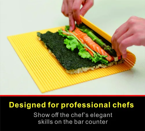 Miniatura 3 de Alfombrilla de sushi antiadherente profesional de plástico para sushi, rodillo de sushi, rodillo de sushi Makisu, 10.5 x 9.8 pulgadas Amarillo