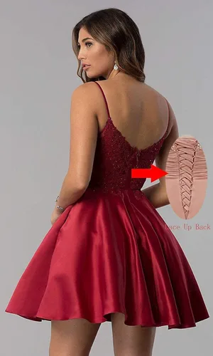 Miniatura 7 de Tianzhihe Vestidos cortos de encaje con cuentas para regreso a casa, tirantes delgados, vestidos de noche de satén con bolsillos