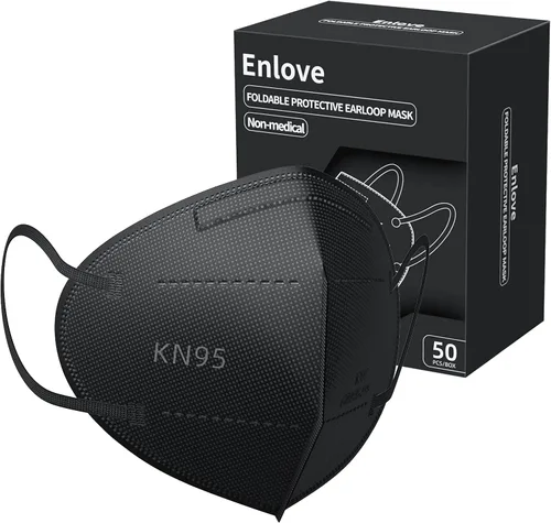 Enlove Paquete de 50 mascarillas KN95 negras, 5 capas de eficiencia de filtro ≥95%