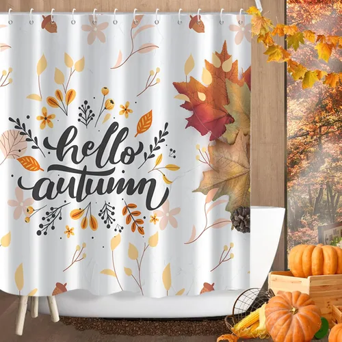 Miniatura 2 de Cortina de ducha de otoño, hola otoño, hojas de arce, flores amarillas, rústica, granja, Acción de Gracias, lavable a máquina, impermeable, tela