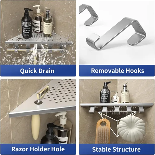 Miniatura 2 de Estantes de ducha con ganchos, estante esquinero de baño de acero inoxidable 304 para pared de azulejos (cepillado, 10 pulgadas)