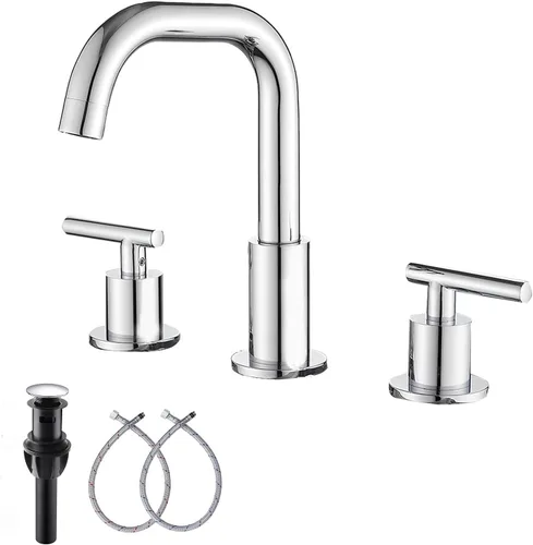 Miniatura 10 de Caño giratorio de 360°, 2 asas, 3 agujeros, 8 pulgadas, grifo de lavabo de baño de latón antiguo a juego con desagüe desplegable para baño