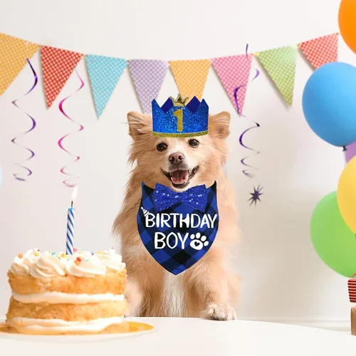 Miniatura 2 de STMK Suministros para fiesta de cumpleaños para perros, sombrero de cumpleaños de perro de varios tamaños con números, bandana pajarita para perros