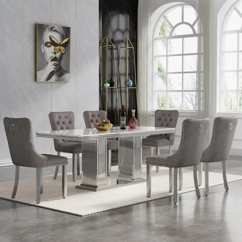 Miniatura 62 de Juego de mesa de comedor de 5 piezas, moderno juego de mesa de comedor para 4, 70 pulgadas, juego de mesa de comedor de mármol sintético blanco