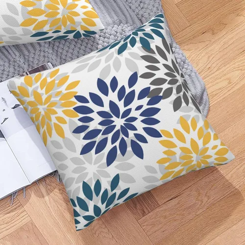 Miniatura 5 de Fundas de almohada azul marino y amarillo de 18 x 18 pulgadas, color verde azulado y gris, funda de almohada moderna con flores de dalia, 2 piezas