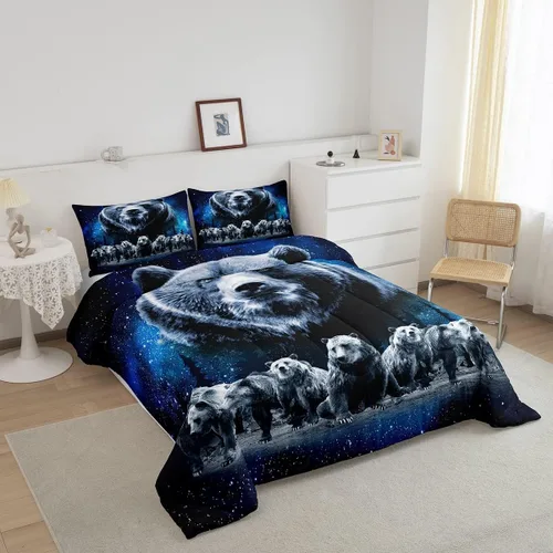 Miniatura 2 de Feelyou Juego de edredón de oso azul, juego de ropa de cama de osos de animales, juego de edredón acolchado con estampado de arboleda de galaxia