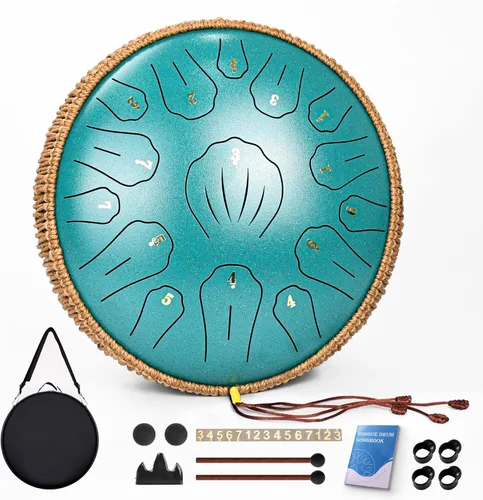 Miniatura 16 de Tambor de Lengua de Acero - 12 Pulgadas 15 Notas, Tambores de Lengua de Acero para Niños y Adultos, Handpan de Acero con Mazos, Hang Drum con Libro