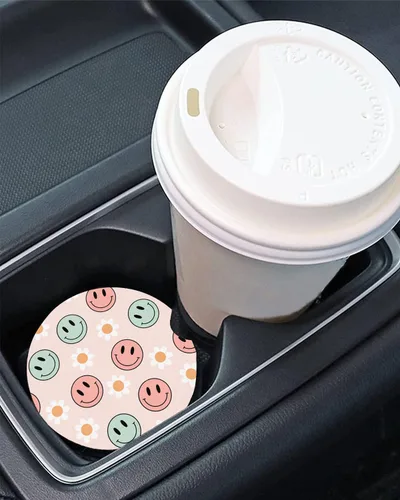 Miniatura 2 de 2 posavasos de cerámica para automóvil con caras coloridas y margaritas, accesorios estéticos retro de color rosa, bonitos posavasos para mujeres
