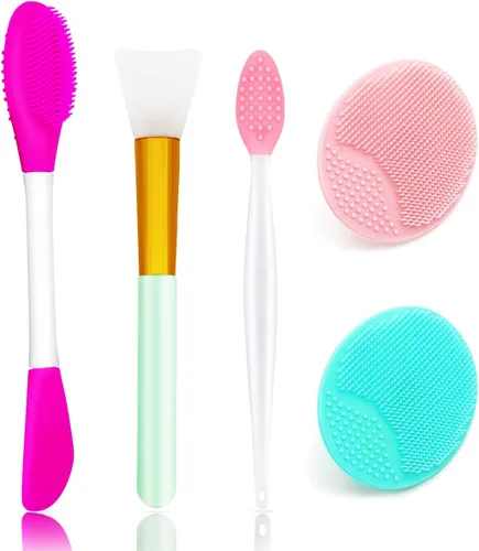 Juego de 5 piezas de limpiador de silicona, cepillo para exfoliar labios, cepillo de limpieza facial de silicona, herramienta aplicadora facial y 2