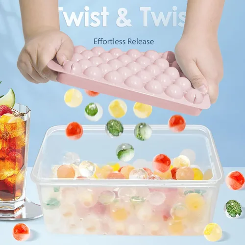 Miniatura 2 de WIBIMEN Bandeja para cubitos de hielo con tapa y contenedor, bandejas de hielo redondas para congelador con tapa, bandejas para cubitos de hielo Rosa
