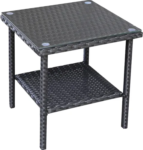 Miniatura 7 de Valita Mesa auxiliar de mimbre PE al aire libre con tapa de vidrio para jardín, junto a la piscina, muebles de ratán para patio, mesa auxiliar, Negro