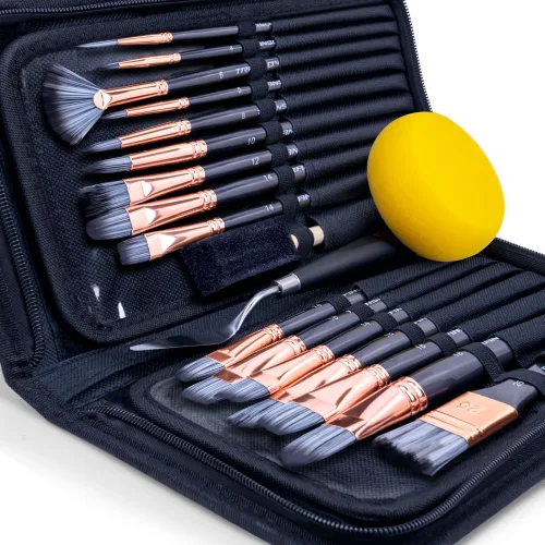 Transon Kit de 20 pinceles de pintura artística con estuche de almacenamiento, 16 pinceles + espátula de esponja para aceite acrílico, acuarela,