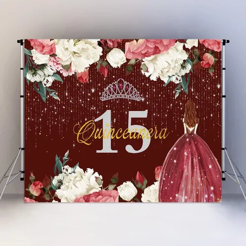 Miniatura 8 de Telón de fondo de feliz cumpleaños 15 para niña, quinceañera, 5 x 3 pies, corona de flores rojas burdeos, corona, princesa, decoración de fiesta