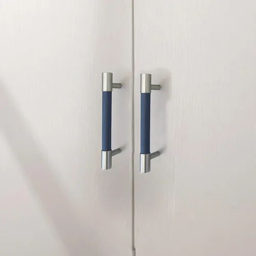 Miniatura 7 de Tirador de cuero azul de 3.78 pulgadas para armario, pomos de acero cepillado, accesorios modernos para muebles