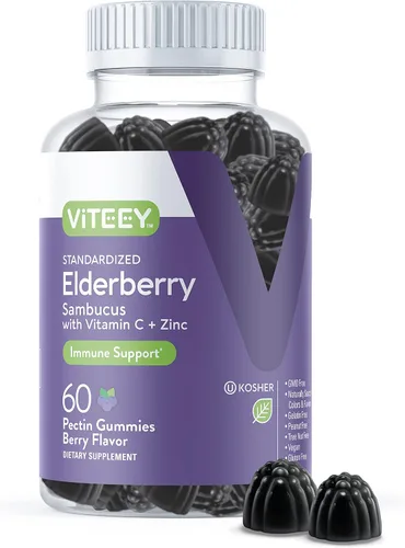 Viteey Sambucus Gomitas de saúco para adultos – Gomitas de inmunidad con vitamina C y zinc de saúco, veganas, sin gluten, 60 unidades