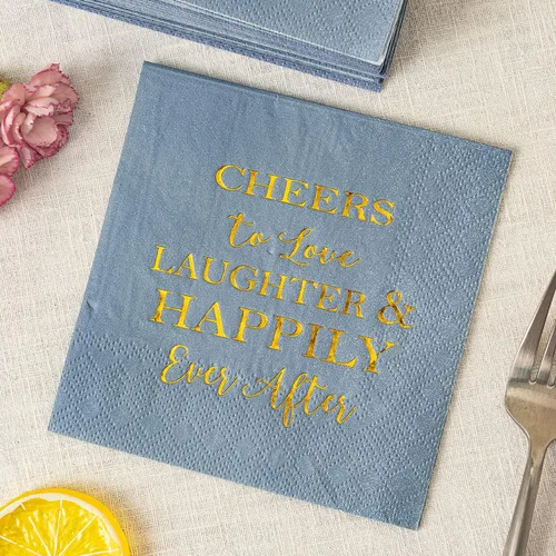 Miniatura 6 de Crisky Servilletas de despedida de soltera de color azul polvoriento, servilletas de cóctel desechables de papel de aluminio dorado, servilletas