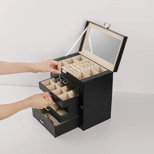 Miniatura 3 de Frebeauty Joyero grande, organizador de joyas de piel sintética de 6 niveles con cerradura, estuche de almacenamiento multifuncional con espejo