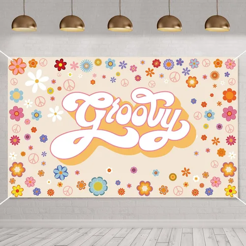 Groovy - Pancarta de fondo para fiesta de cumpleaños, 6 x 3.6 pies, hippie para decoración de cumpleaños, diseño de margaritas, decoración bohemia