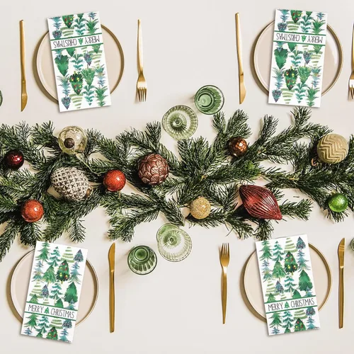 Miniatura 7 de Servilletas de Navidad para invitados de Navidad, árbol de Navidad, servilletas de papel desechables de 3 capas de acuarela verde para cena