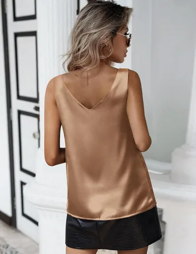 Miniatura 3 de Zeagoo Camiseta sin mangas de satén de seda para mujer, estilo casual, cuello en V, holgada, sin mangas, básica