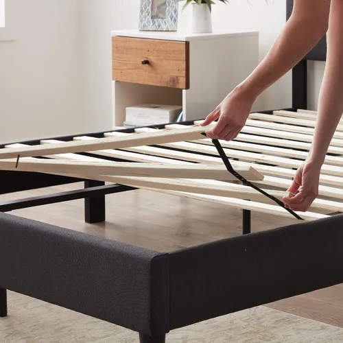 Miniatura 5 de Lucid - Cama de plataforma tapizada con cabecera de diamante con estructura de madera resistente, no requiere somier, King, carbón