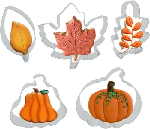 5 piezas de cortadores de galletas de Acción de Gracias y hojas de otoño, hojas de arce, hojas de roble, hojas de álamo temblón, moldes de calabaza