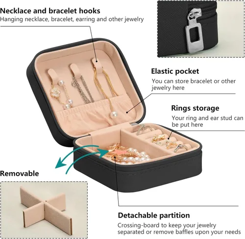 Miniatura 4 de Tatenale Joyero de viaje pequeño organizador de joyas para anillos, aretes, collares, niñas, mujeres, hombres, estrella fugaz blanca y cisne, negro
