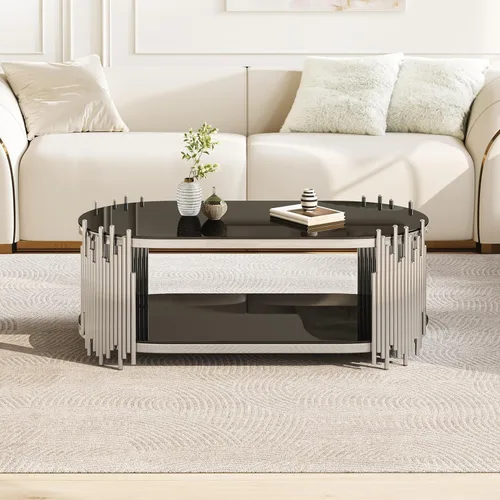 Miniatura 15 de 2-Tier Gold Glass Coffee Table, Modern Oval Coffee Table with Clear Tempered Black Shelves and Stainless Steel Frame, Luxury Center Tables for