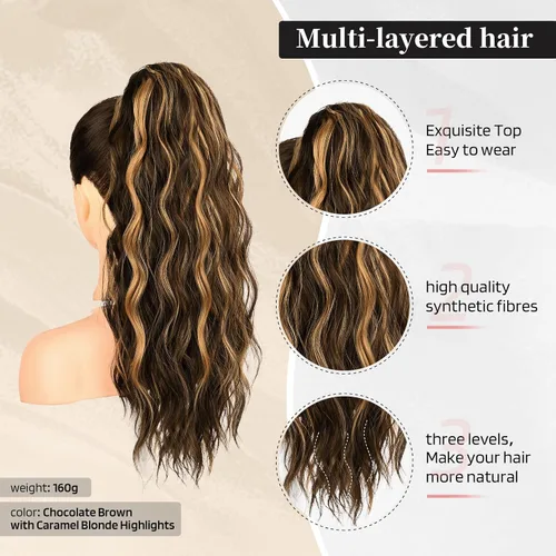Miniatura 2 de FLUFYMOOZ Extensión de cola de caballo, extensiones de cabello sintético ondulado largo y rizado para mujer (22 pulgadas, marrón con reflejos rubios)
