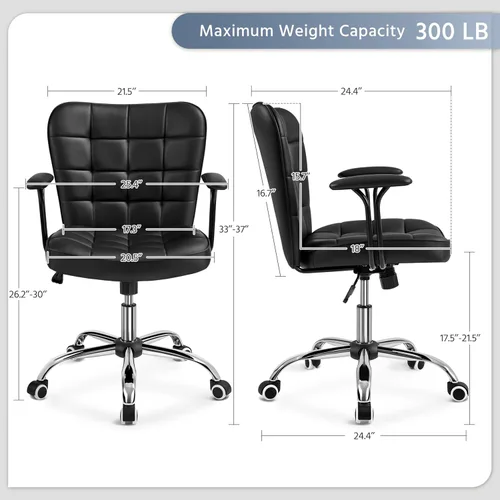 Miniatura 3 de Yaheetech Silla de escritorio de piel sintética con respaldo medio, ajustable, inclinable, moderna, tapizada, con reposabrazos acolchados Blanco