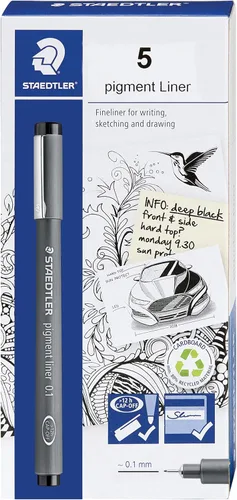 Staedtler Delineador de pigmentos, bolígrafo fino para dibujo, diario, 0.004 in, negro, caja de 5 bolígrafos, 308 01-9M