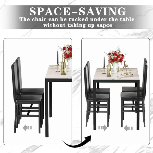 Miniatura 4 de Hooseng Juego de mesa de comedor de 5 piezas para 4 personas con parte superior de mármol sintético y sillas de terciopelo, juego de mesa de cocina