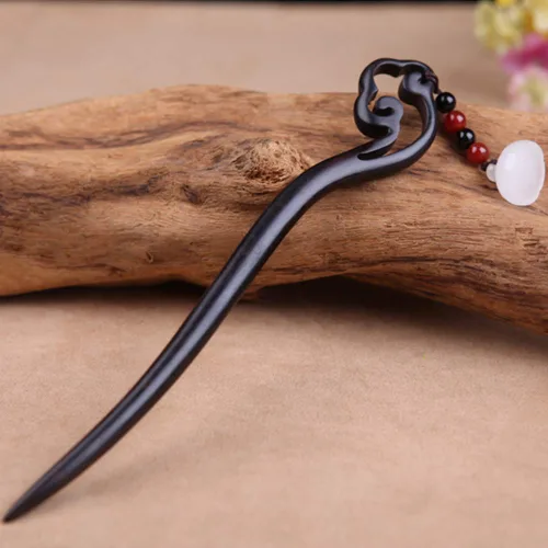 Miniatura 8 de Horquilla de madera de jade chino retro hecha a mano clásica verde loto palillos de pelo tocado borla palillos para el pelo largo fiesta diario