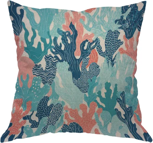 Moslion Almohadas de Coral Funda de Almohada Decorativa Funda de Almohada de Océano Arrecifes de Corales Coloridos 18 x 18 Pulgadas Algodón Lino