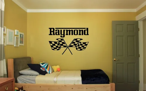 Miniatura 2 de Calcomanía de pared de banderas a cuadros con nombre personalizado, bandera de carreras, mural de vinilo, sala