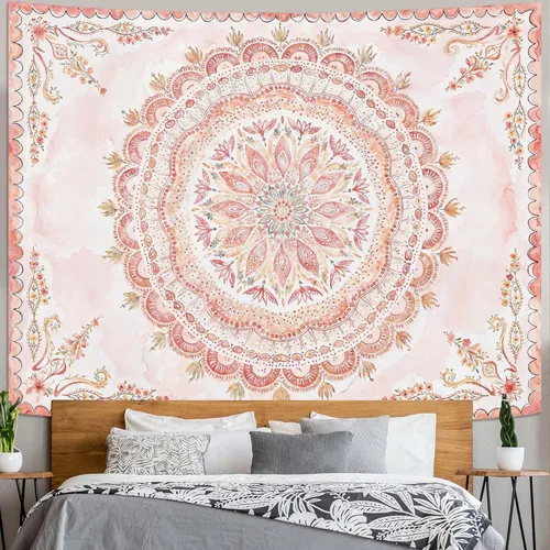 Miniatura 36 de Fowocu Tapiz bohemio con mandala floral para colgar en la pared, medallón de flores bohemias, tapiz estético, beige, naranja, hippie, indio, pequeño