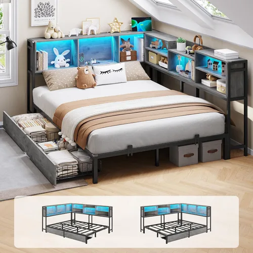 Miniatura 17 de DICTAC Marco de cama esquinero tamaño individual con almacenamiento y luces LED, plataforma de metal con 2 cajones y estación de carga, cama