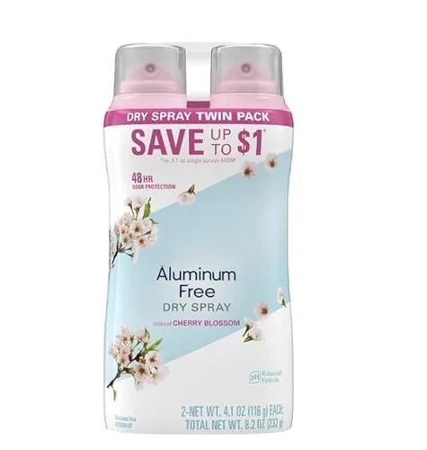 Desodorante en aerosol seco para mujeres, sin aluminio, aroma a flor de cerezo, protección contra olores de larga duración, 4.1 onzas, paquete de 2