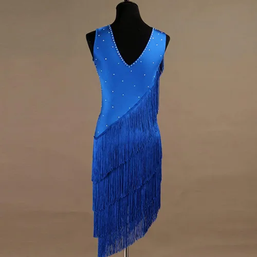 Miniatura 4 de Vestidos de baile latino con cuello en V para mujer, vestido de competición de salsa con flecos, sin mangas, disfraz de cha cha, para sala de baile